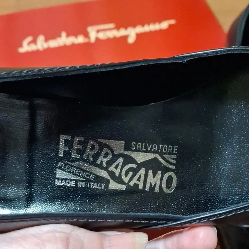Salvatore Ferragamo Black Leather Heels with Gold Accent